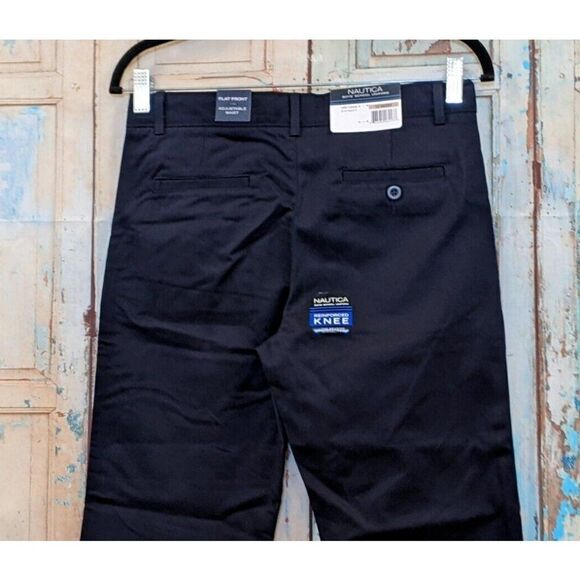 Nautica Boys Size 12 Husky Navy Adjustable Waist Flat Front Straight Pants - Picture 6 of 12